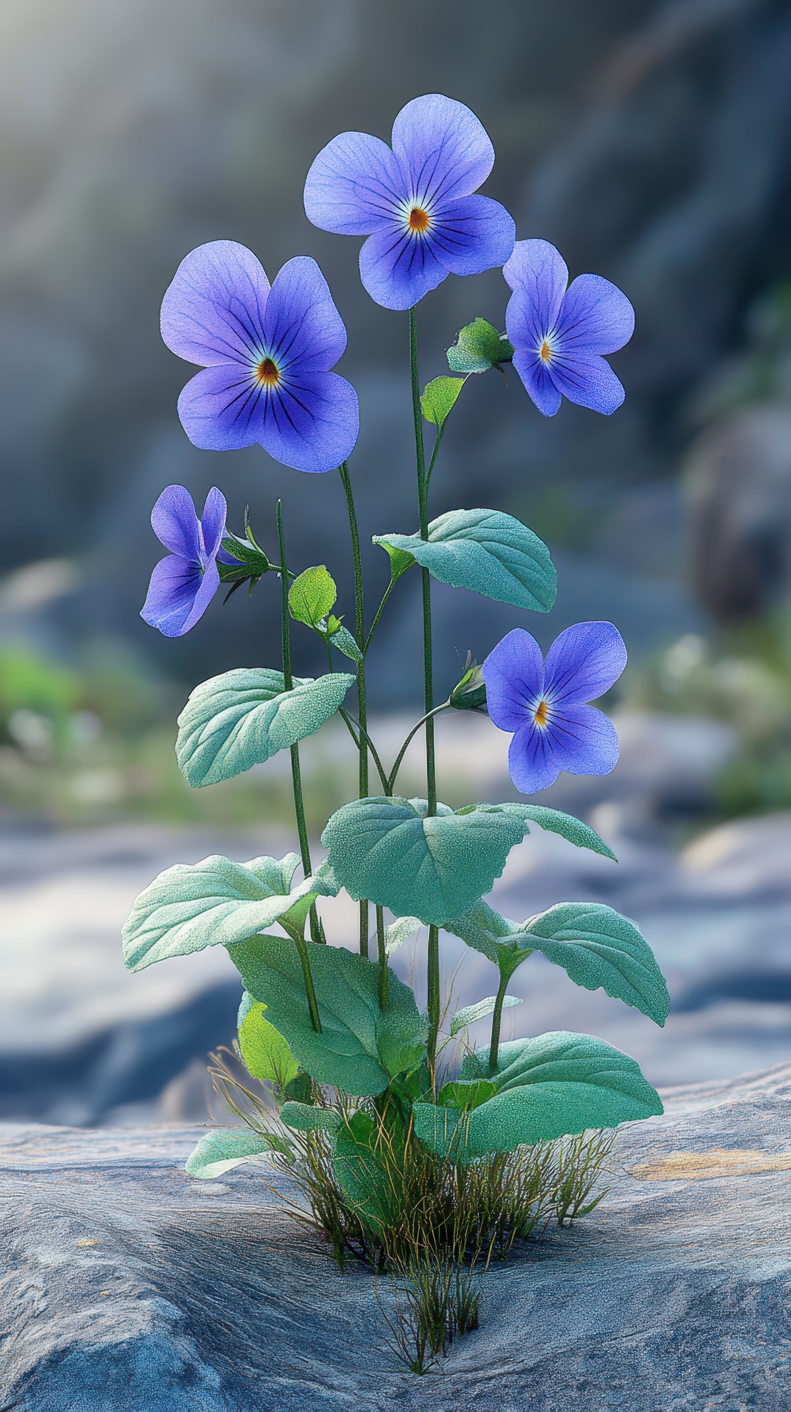 Five blue pansies bloom in the sunlight on a rocky surface